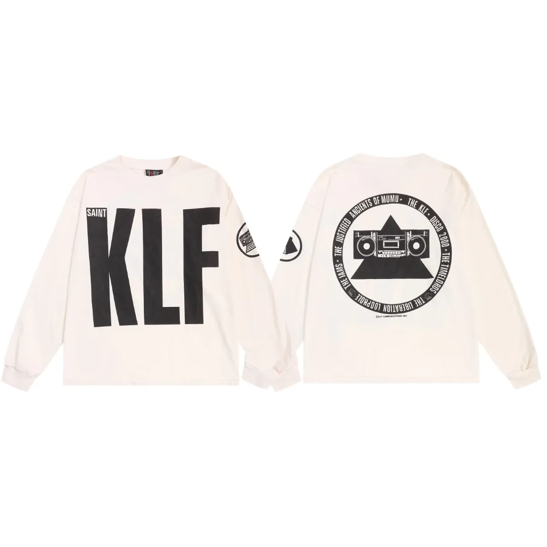 European and American Saint Michael klf exhibition limited printing high street retro long-sleeved T-shirt for men and women loose white cotton bottoming shirt Fabric: 260g Style number: SM658 Size: S-M-L-XL Color: White Price: P144